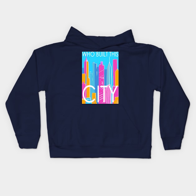 Who built this city! , Skyline in the sea border, pastel color, pink, cyan, chalk art Kids Hoodie by AISHOPPE